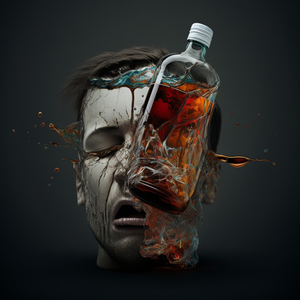 Arte conceitual que ilustra o alcoolismo, um homem sendo atingindo por uma garrafa de bebida alcoolica