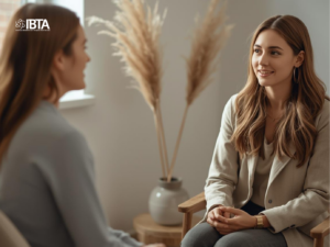 Duas mulheres em uma consulta terapêutica, transmitindo calma e confiança em um ambiente profissional.