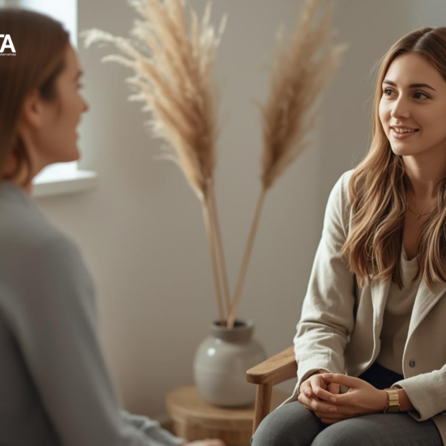 Duas mulheres em uma consulta terapêutica, transmitindo calma e confiança em um ambiente profissional.