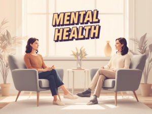 Ilustração de uma profissional de saúde e uma paciente em uma sessão de consulta tranquila, em um consultório com iluminação natural. A imagem transmite serenidade e apoio.