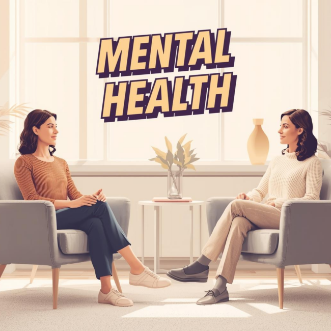 Ilustração de uma profissional de saúde e uma paciente em uma sessão de consulta tranquila, em um consultório com iluminação natural. A imagem transmite serenidade e apoio.