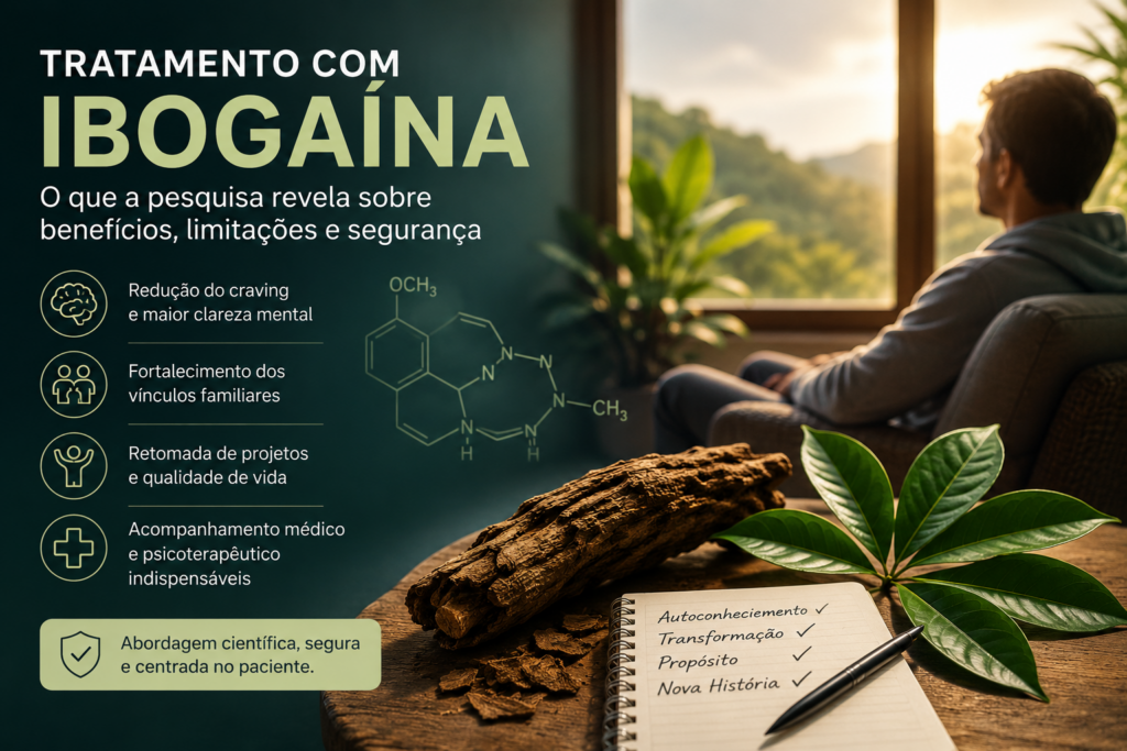 Ilustração sobre tratamento com ibogaína e as evidências científicas relacionadas aos benefícios, limitações e segurança no cuidado da dependência química.