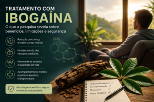 Ilustração sobre tratamento com ibogaína e as evidências científicas relacionadas aos benefícios, limitações e segurança no cuidado da dependência química.