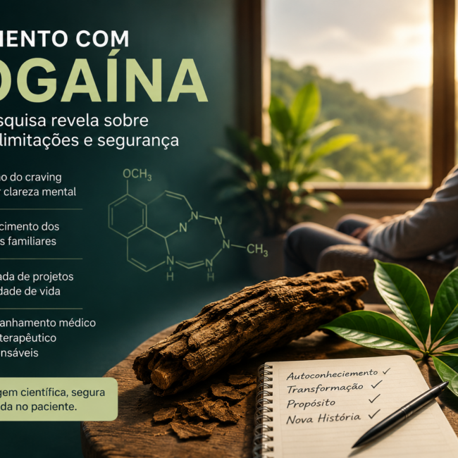 Ilustração sobre tratamento com ibogaína e as evidências científicas relacionadas aos benefícios, limitações e segurança no cuidado da dependência química.