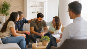 Família conversando de forma acolhedora com um dependente químico durante um momento de apoio e busca por tratamento.