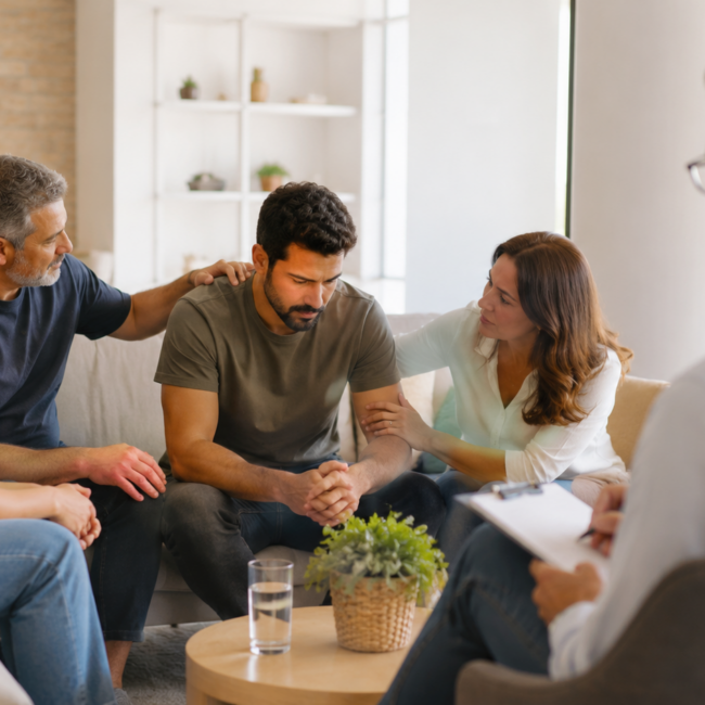 Família conversando de forma acolhedora com um dependente químico durante um momento de apoio e busca por tratamento.